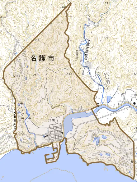 字汀間とその周辺の地図。町の範囲を重ねている
