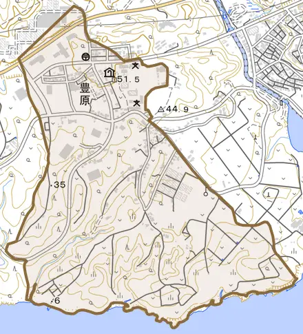 字豊原とその周辺の地図。町の範囲を重ねている