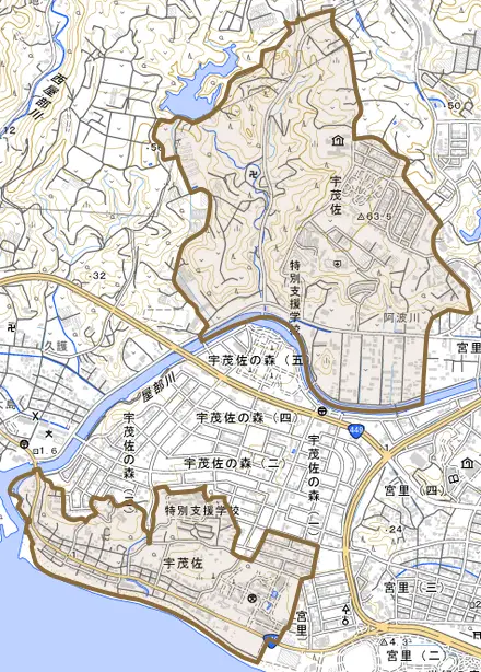 字宇茂佐とその周辺の地図。町の範囲を重ねている