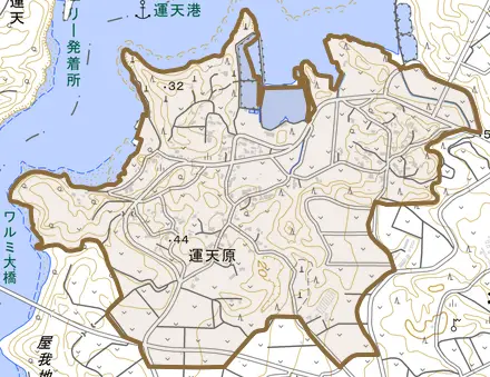 字運天原とその周辺の地図。町の範囲を重ねている