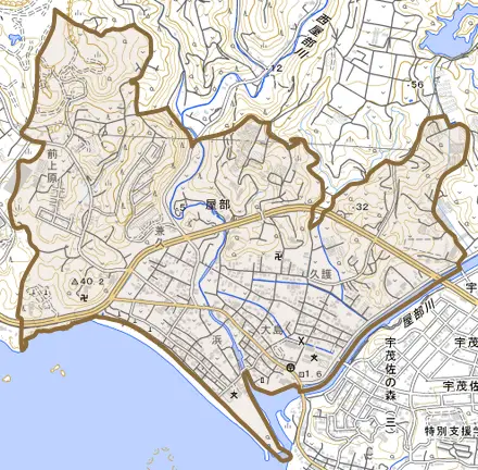 字屋部とその周辺の地図。町の範囲を重ねている