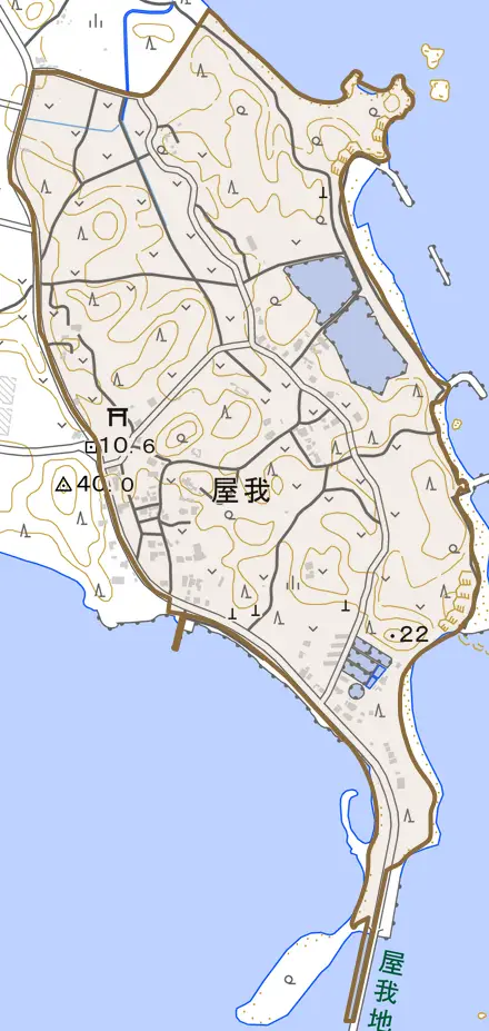 字屋我とその周辺の地図。町の範囲を重ねている