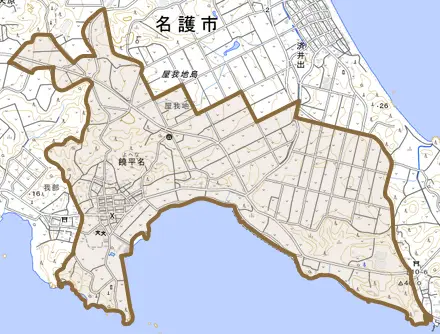 字饒平名とその周辺の地図。町の範囲を重ねている