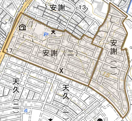安謝とその周辺の地図。町の範囲を重ねている