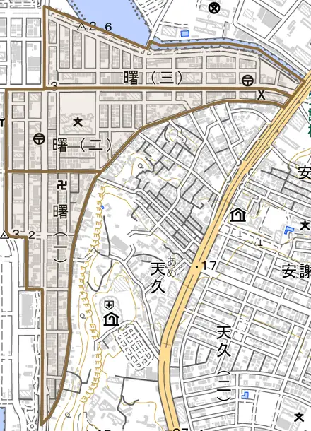 曙とその周辺の地図。町の範囲を重ねている