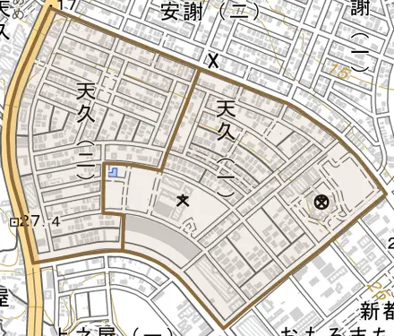 天久とその周辺の地図。町の範囲を重ねている