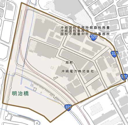 旭町とその周辺の地図。町の範囲を重ねている