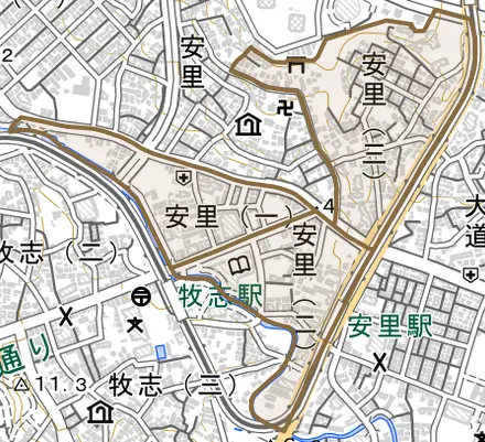 安里とその周辺の地図。町の範囲を重ねている