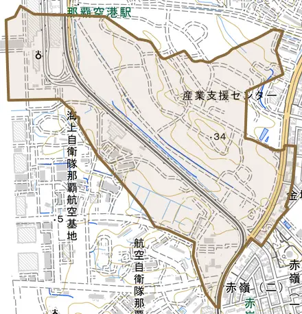 字安次嶺とその周辺の地図。町の範囲を重ねている