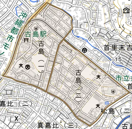 古島とその周辺の地図。町の範囲を重ねている
