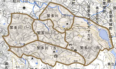繁多川とその周辺の地図。町の範囲を重ねている