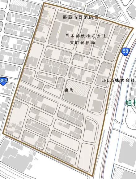 東町とその周辺の地図。町の範囲を重ねている