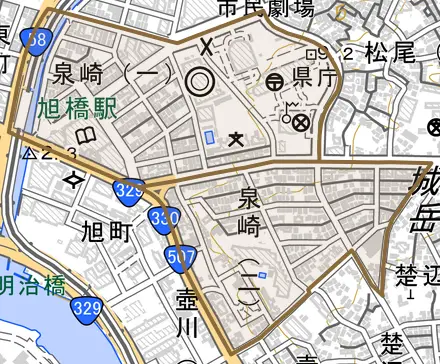 泉崎とその周辺の地図。町の範囲を重ねている