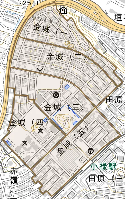 金城とその周辺の地図。町の範囲を重ねている
