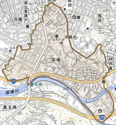 字国場とその周辺の地図。町の範囲を重ねている