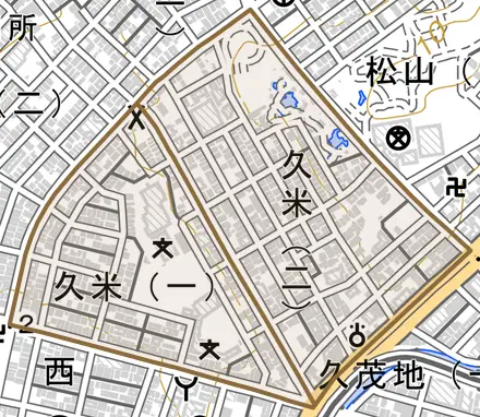 久米とその周辺の地図。町の範囲を重ねている