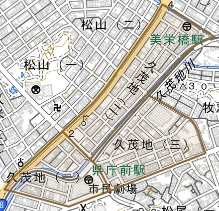 久茂地とその周辺の地図。町の範囲を重ねている