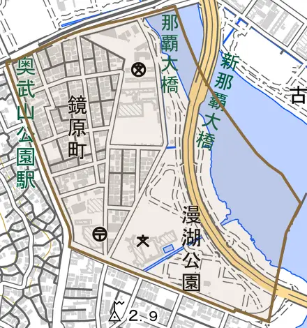 鏡原町とその周辺の地図。町の範囲を重ねている