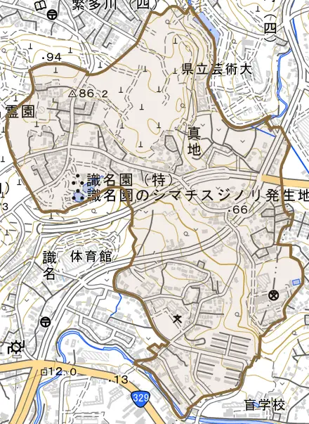 字真地とその周辺の地図。町の範囲を重ねている