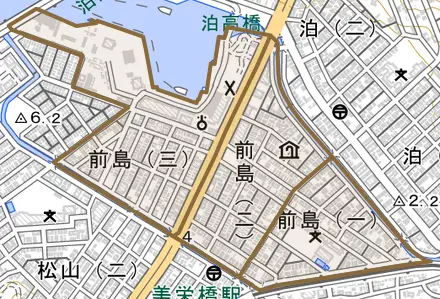 前島とその周辺の地図。町の範囲を重ねている