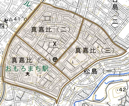 真嘉比とその周辺の地図。町の範囲を重ねている
