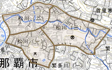 松川とその周辺の地図。町の範囲を重ねている