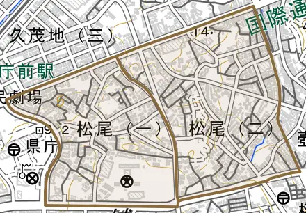 松尾とその周辺の地図。町の範囲を重ねている