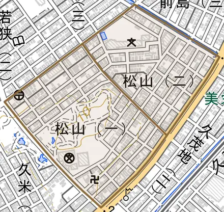 松山とその周辺の地図。町の範囲を重ねている