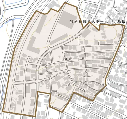 宮城とその周辺の地図。町の範囲を重ねている