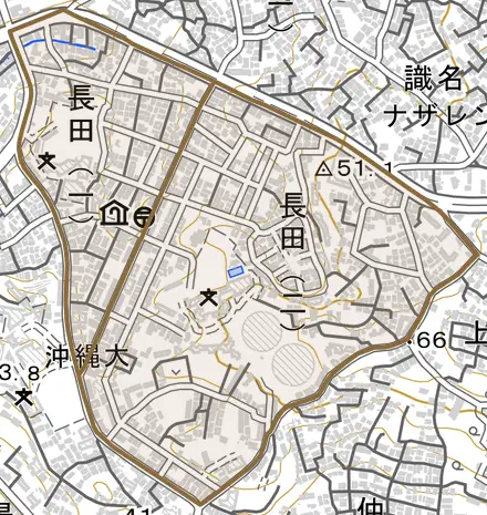 長田とその周辺の地図。町の範囲を重ねている