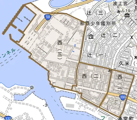 西とその周辺の地図。町の範囲を重ねている