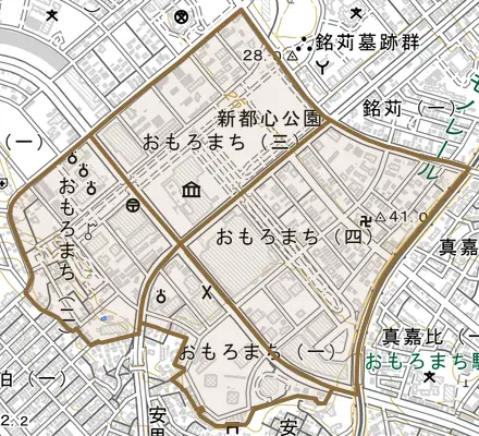 おもろまちとその周辺の地図。町の範囲を重ねている