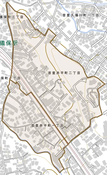 首里赤平町とその周辺の地図。町の範囲を重ねている