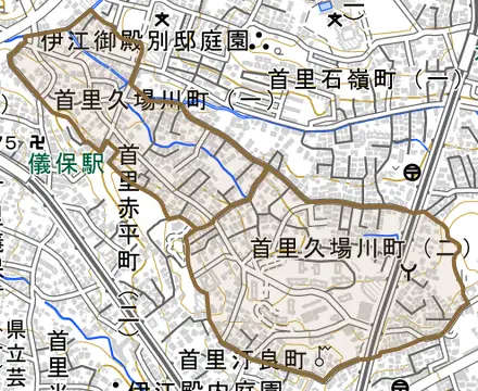 首里久場川町とその周辺の地図。町の範囲を重ねている