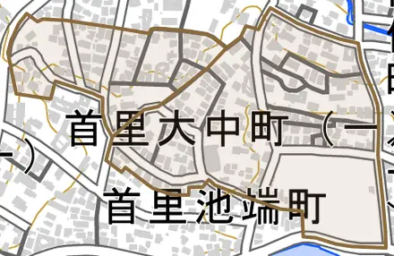 首里大中町とその周辺の地図。町の範囲を重ねている