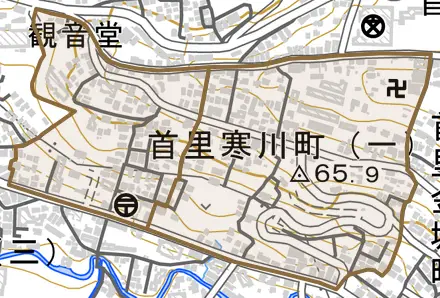 首里寒川町とその周辺の地図。町の範囲を重ねている