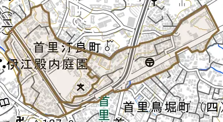 首里汀良町とその周辺の地図。町の範囲を重ねている
