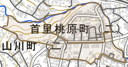 首里桃原町とその周辺の地図。町の範囲を重ねている