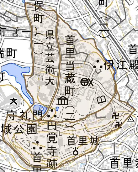 首里当蔵町とその周辺の地図。町の範囲を重ねている