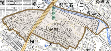 字安謝とその周辺の地図。町の範囲を重ねている