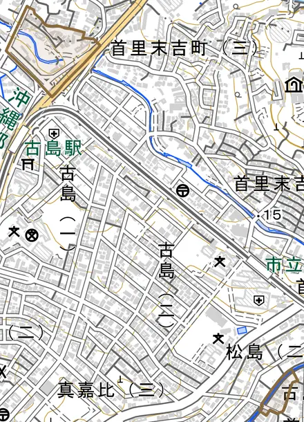 字古島とその周辺の地図。町の範囲を重ねている