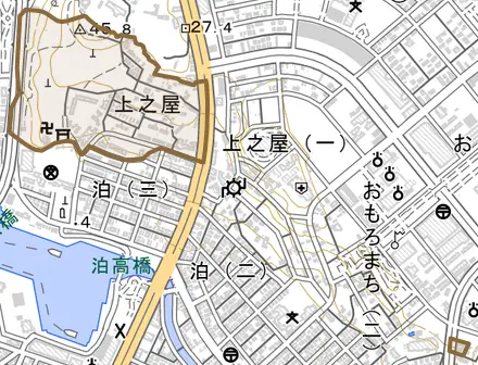 字上之屋とその周辺の地図。町の範囲を重ねている