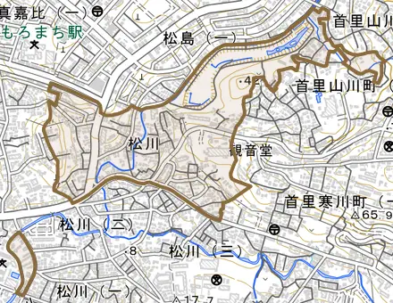字松川とその周辺の地図。町の範囲を重ねている