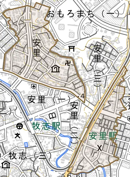 字安里とその周辺の地図。町の範囲を重ねている