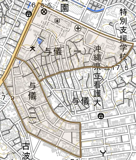 与儀とその周辺の地図。町の範囲を重ねている