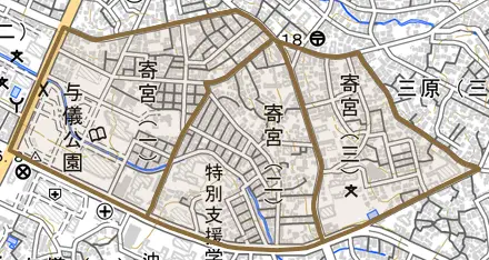寄宮とその周辺の地図。町の範囲を重ねている