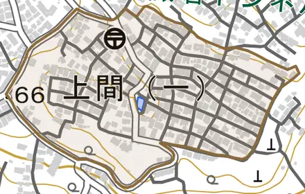 上間とその周辺の地図。町の範囲を重ねている