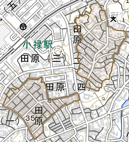 字田原とその周辺の地図。町の範囲を重ねている
