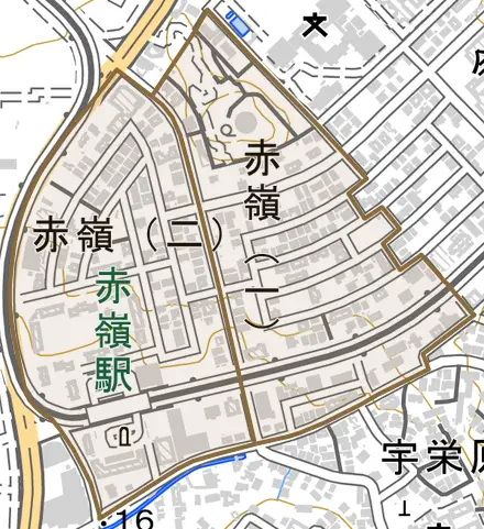 赤嶺とその周辺の地図。町の範囲を重ねている