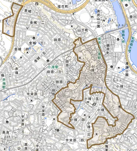 字小禄とその周辺の地図。町の範囲を重ねている